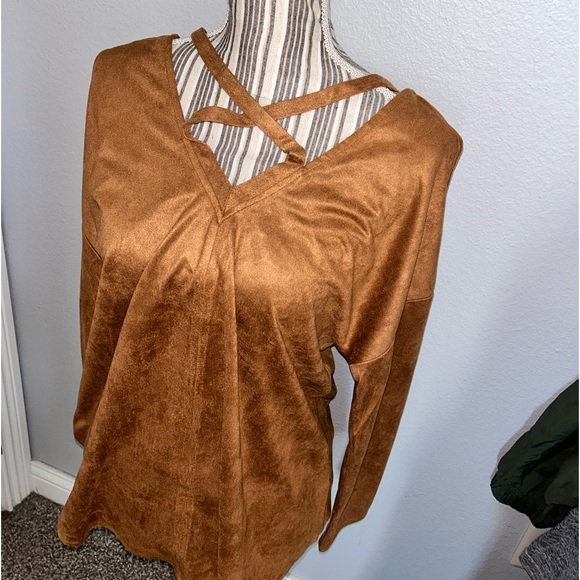 Brown Suede V-Neck Bell Sleeve Blouse - Picture 2 of 5